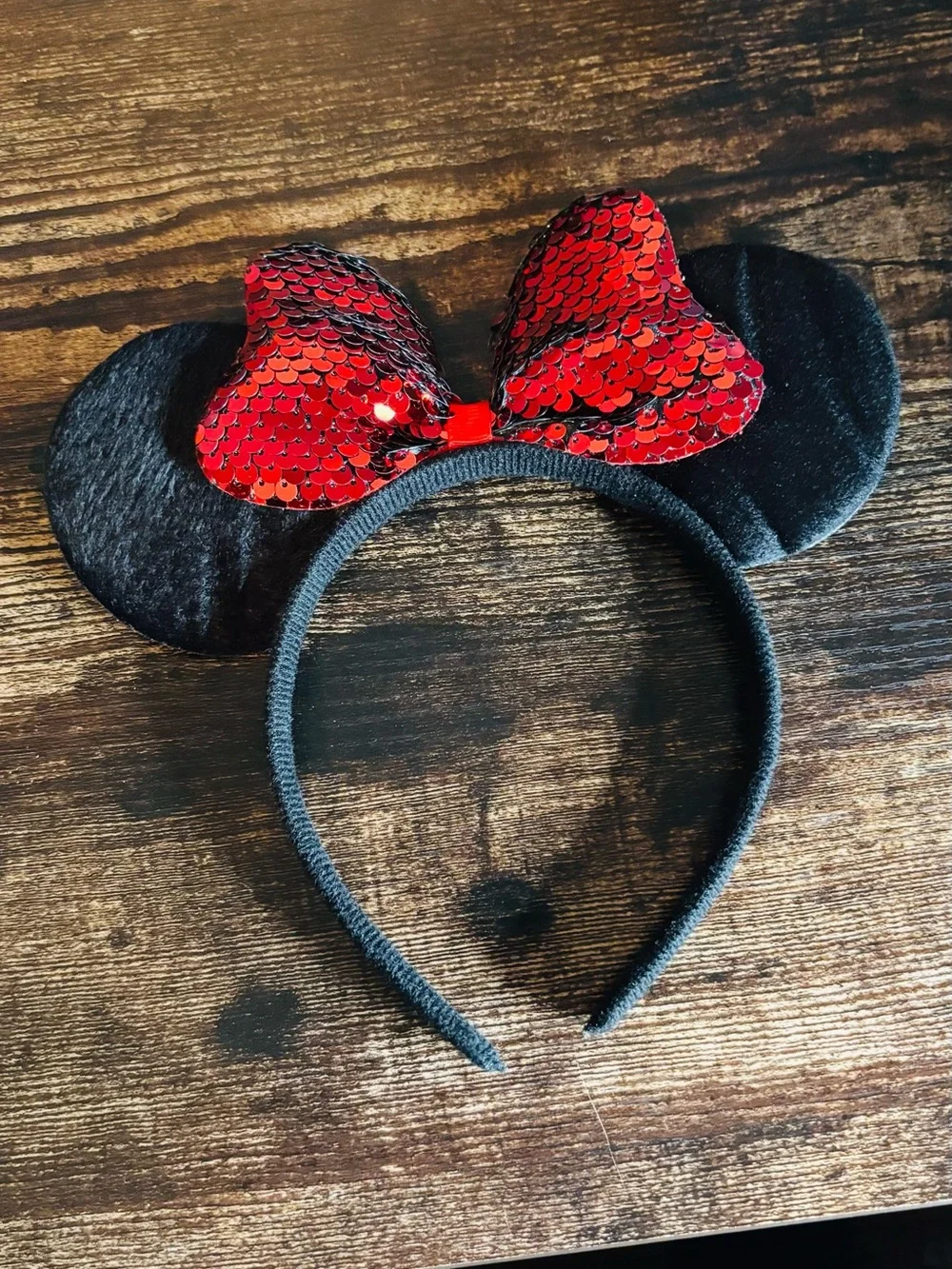 Disney Black Minnie Ear Headband with Red Sequin Bow